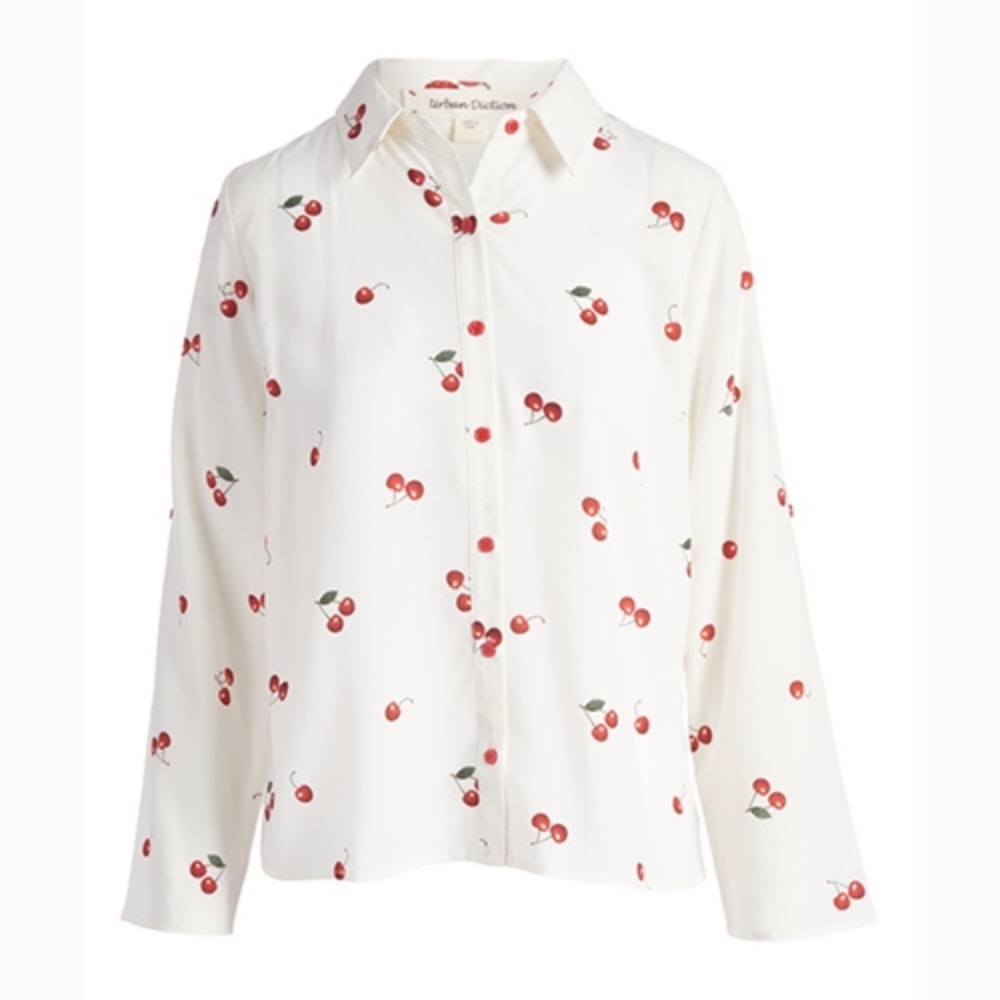 White & Red Cherries Hi-Low Button-Up Top
